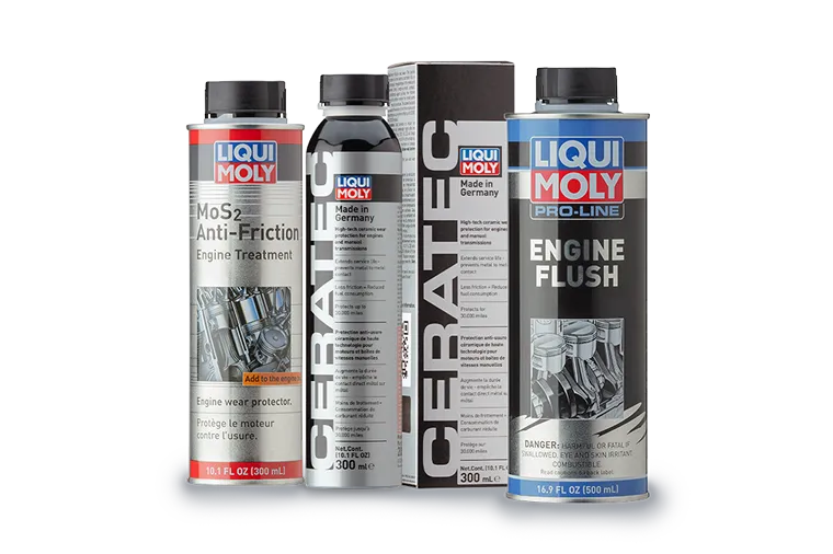 Drei LIQUI MOLY Öl-Additive, darunter MOS2 Antifriktion, Ceratec und Engine Flush.